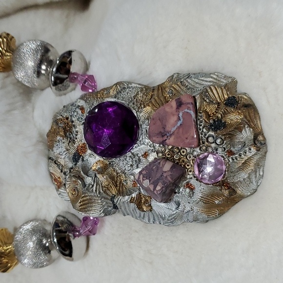 RARE UNIQUE CHUNKY STATEMENT BEAD  NECKLACE HEAVY HEARTS ROCKS GEMS HEAVY - Picture 2 of 10